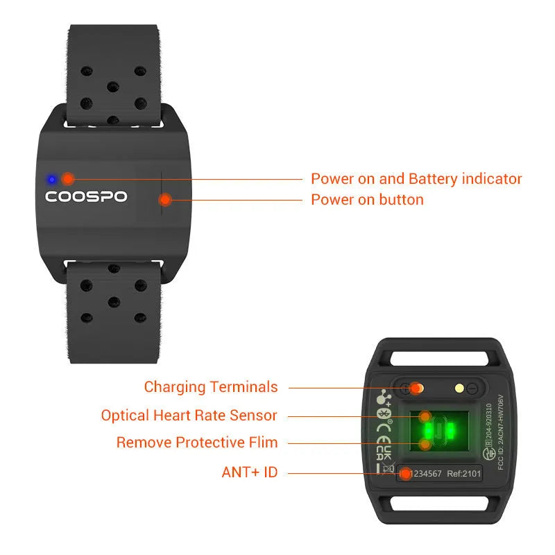 Black waterproof armband heart rate monitor, free size, made from ABS and TPU for cycling and workouts.