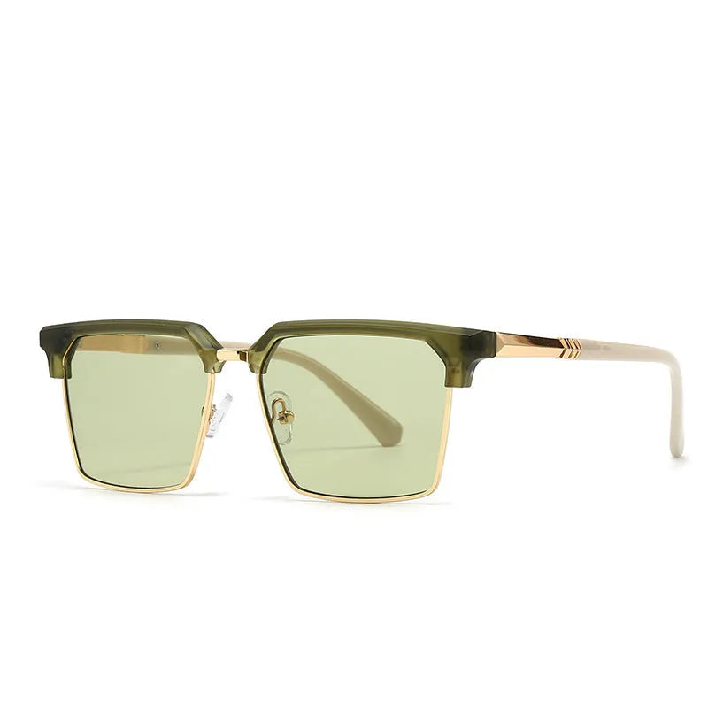 Men's square sunglasses with plastic frame and tinted UV400 lenses in a classic box style.