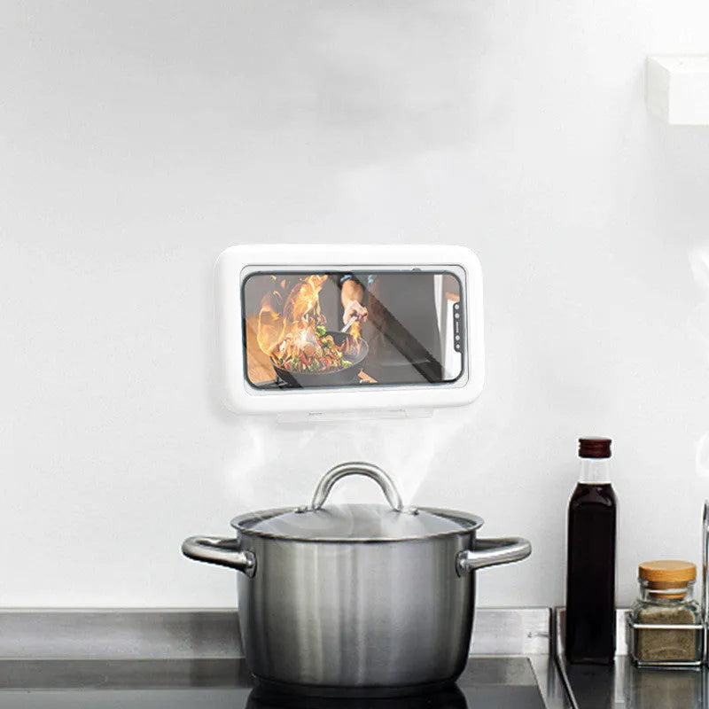 Waterproof phone holder showing anti-fog touchscreen window and universal phone compartment
