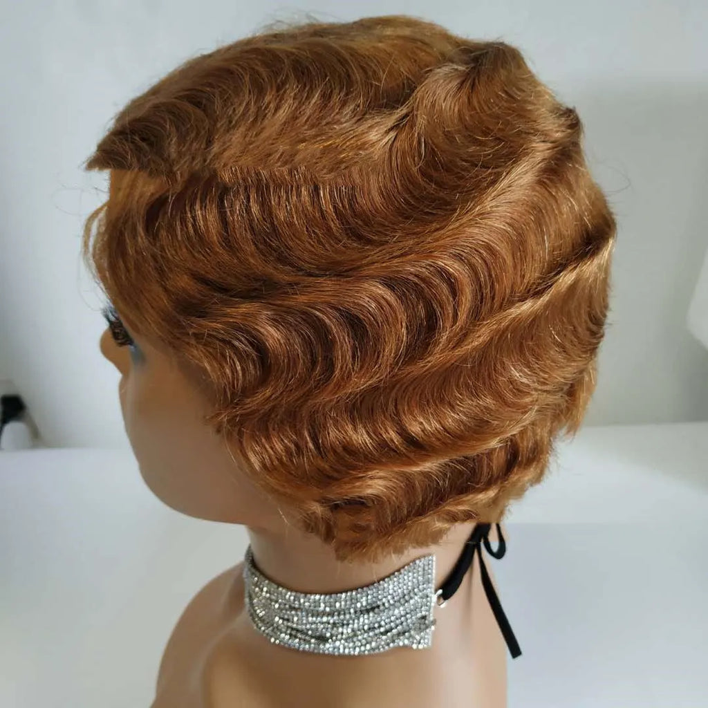 Pixie cut short bob wig in retro finger wave style with Remy human hair, 4 inch length, shown in photo colour