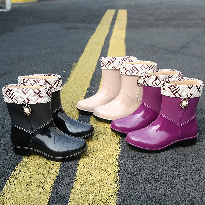 Women's purple PVC rain boots with non-slip sole and middle tube height