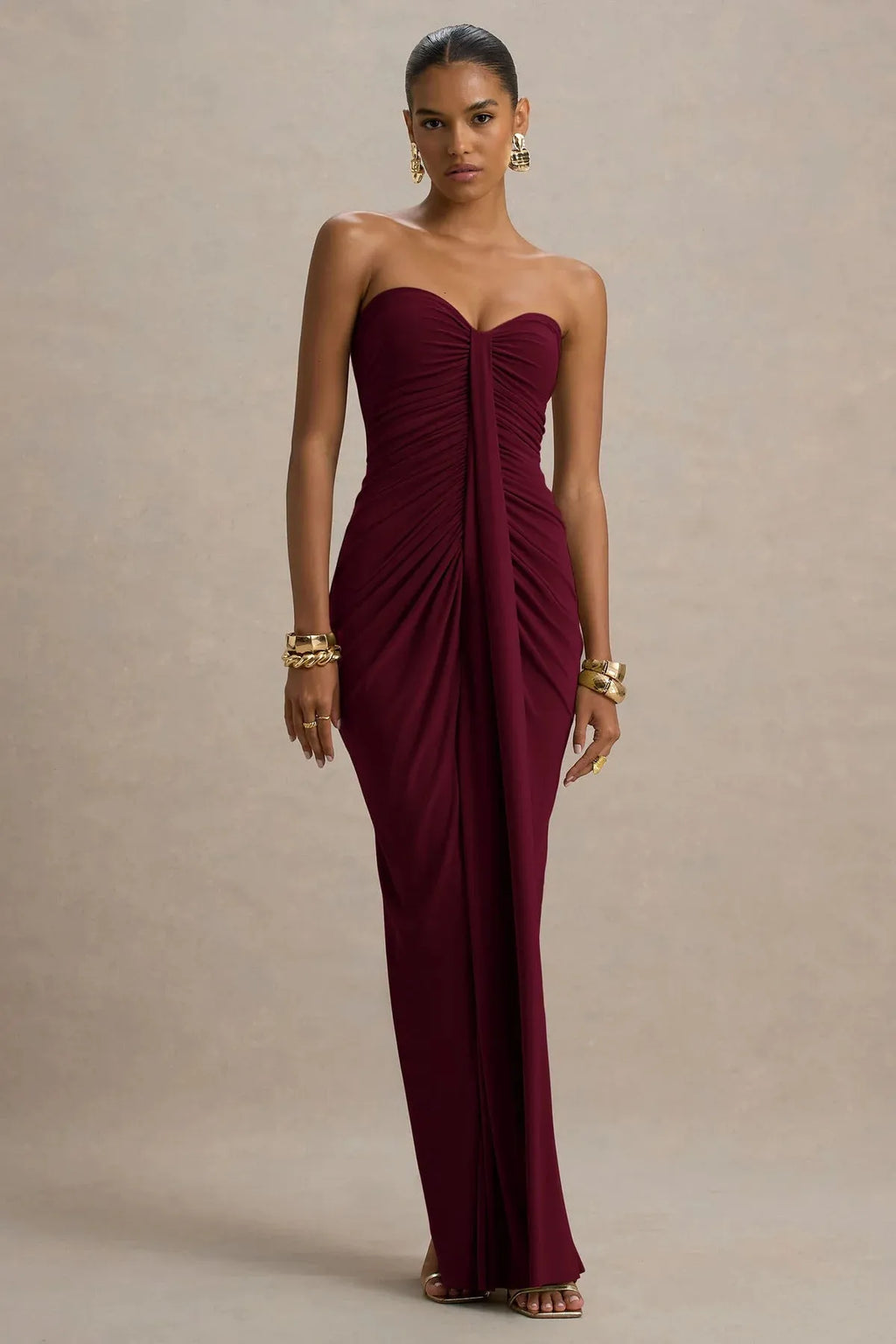 Wine red bandeau slim fit pleated sheath dress with chest wrap style stitching