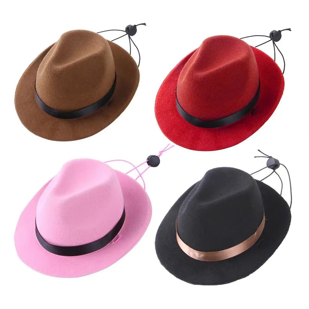Mini pet sun-proof hat in pink colour with denim styling details showing 155cm diameter measurement