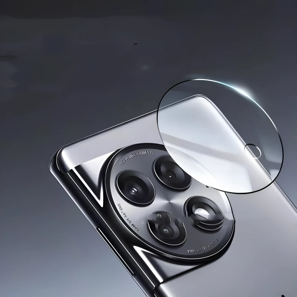 Tempered glass lens protector for OnePlus 12, Find N3, and OnePlus 11 front camera with black ring.