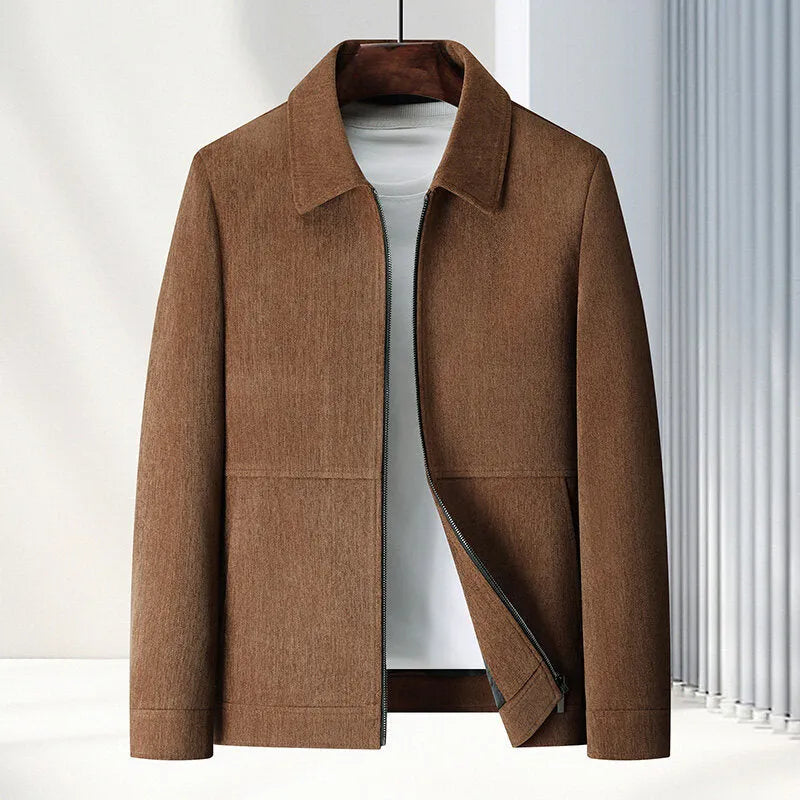 Men's slim fit lapel casual coat in dark blue, shown on a model.