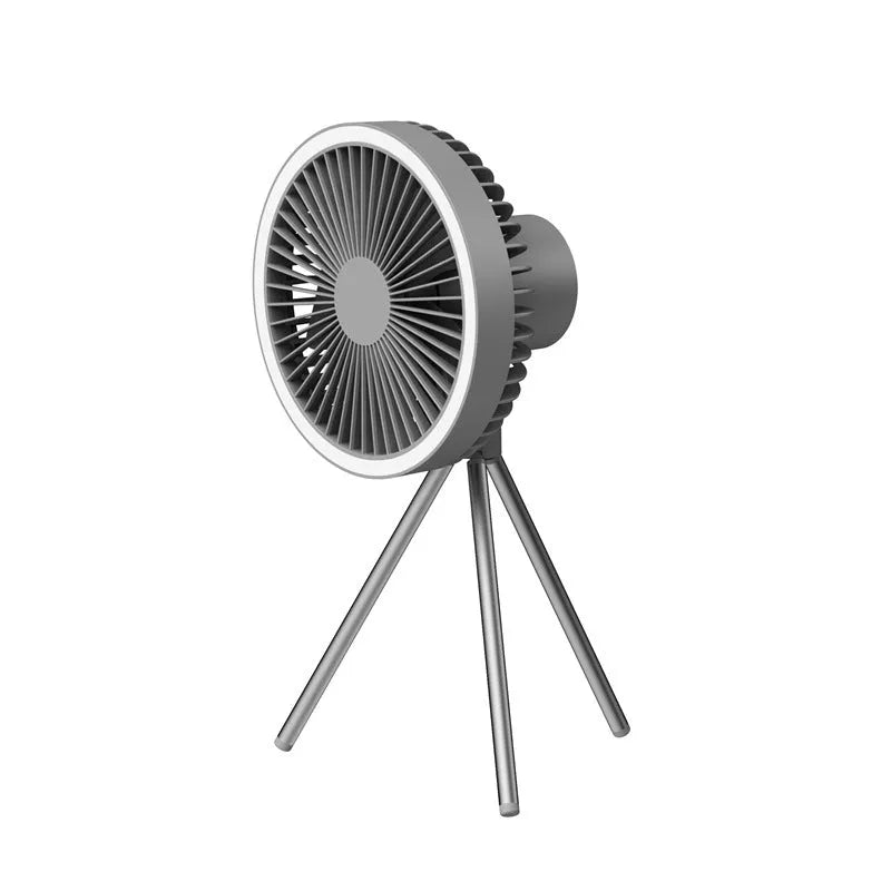 White USB rechargeable camping fan on aluminium tripod showing front view