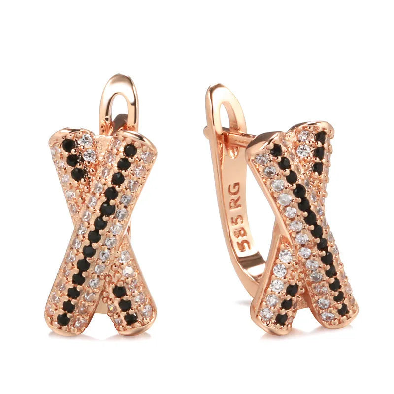 Women's retro hollow-out X-shaped earrings in rose gold copper alloy, U-shaped geometry design