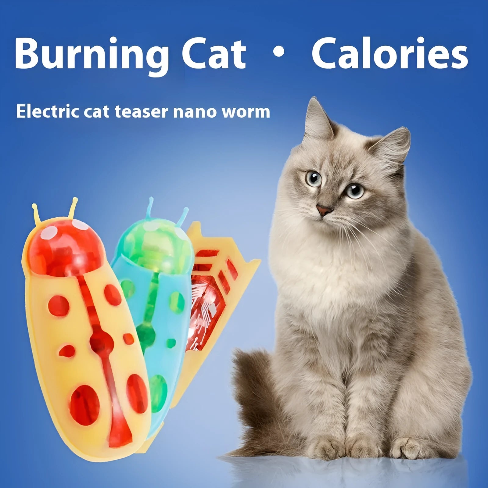 Small plastic cat teaser toy in ladybug and iron cow styles with jumping insect motion.