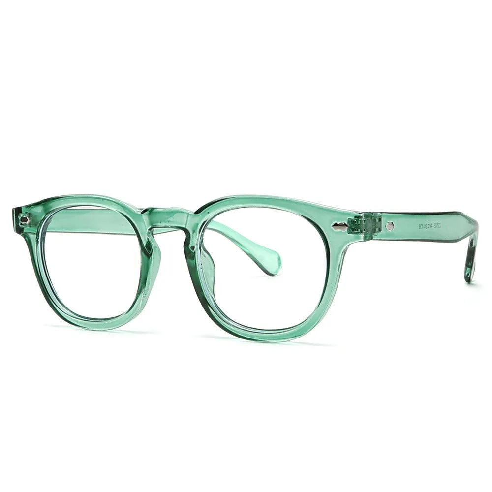 Simple round rim retro sunglasses on a plain background showing bright black frame with blue lenses.