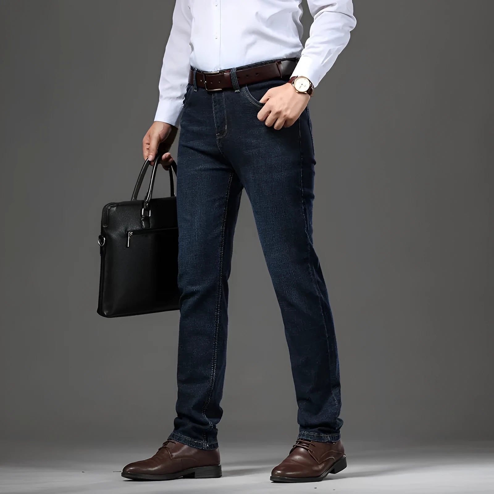 Loose fit straight-leg stretch jeans in black and blue denim colours on a hanger