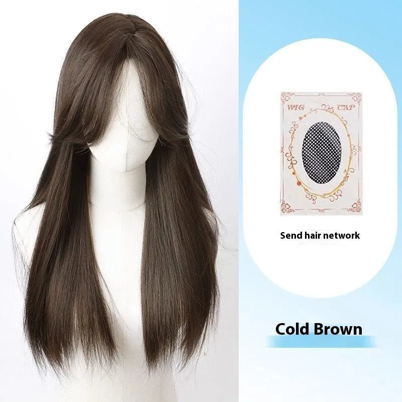 Forehead lace long straight synthetic wig with side bangs in dark brown colour