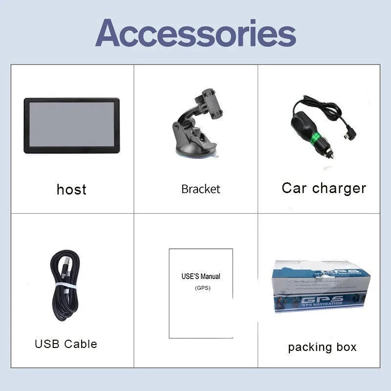 7 inch car GPS navigation device with touch screen on a bracket, next to a car charger.