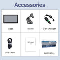 7 inch car GPS navigation device with touch screen on a bracket, next to a car charger.