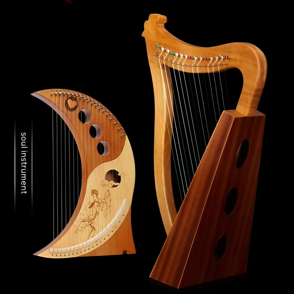 Wooden lyre harp with 10, 15, 16, or 19 strings in natural log, pink, sky blue, or moon design