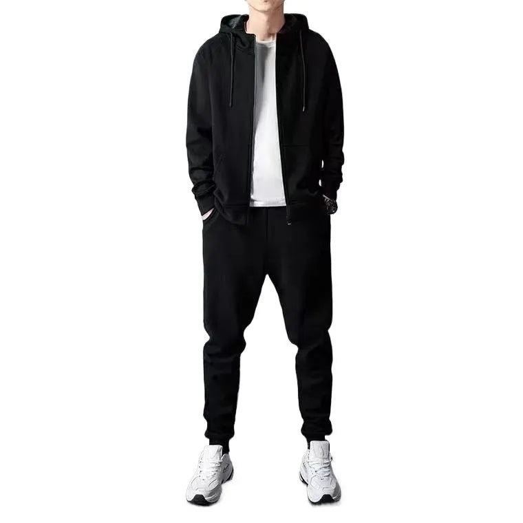 Men's loose zip-up hoodie and jogger set in black or grey cotton, sizes M to 4XL, 400g, spring casual outfit.