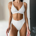 Women's embroidery contrast colour binding letters bikini set with sleeveless shorts design in polyester fabric