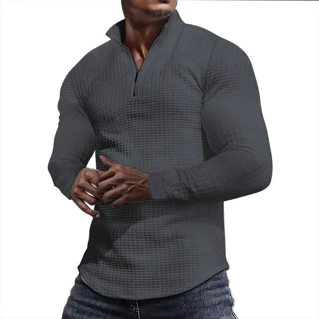 Men's stand collar half zip plaid sweater in polyester fibre, long sleeves, available in multiple colours