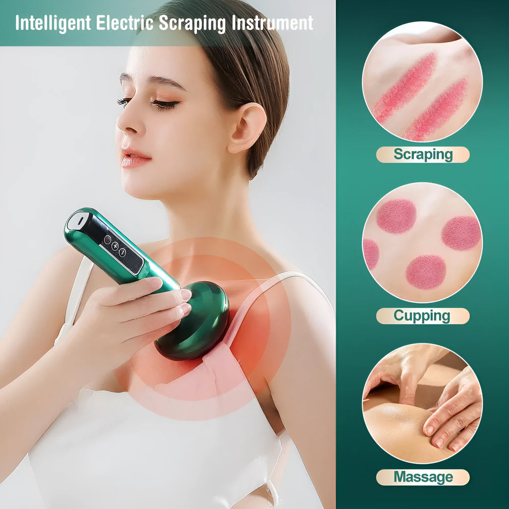 Green electric vacuum cupping massager device with USB cable on a white background