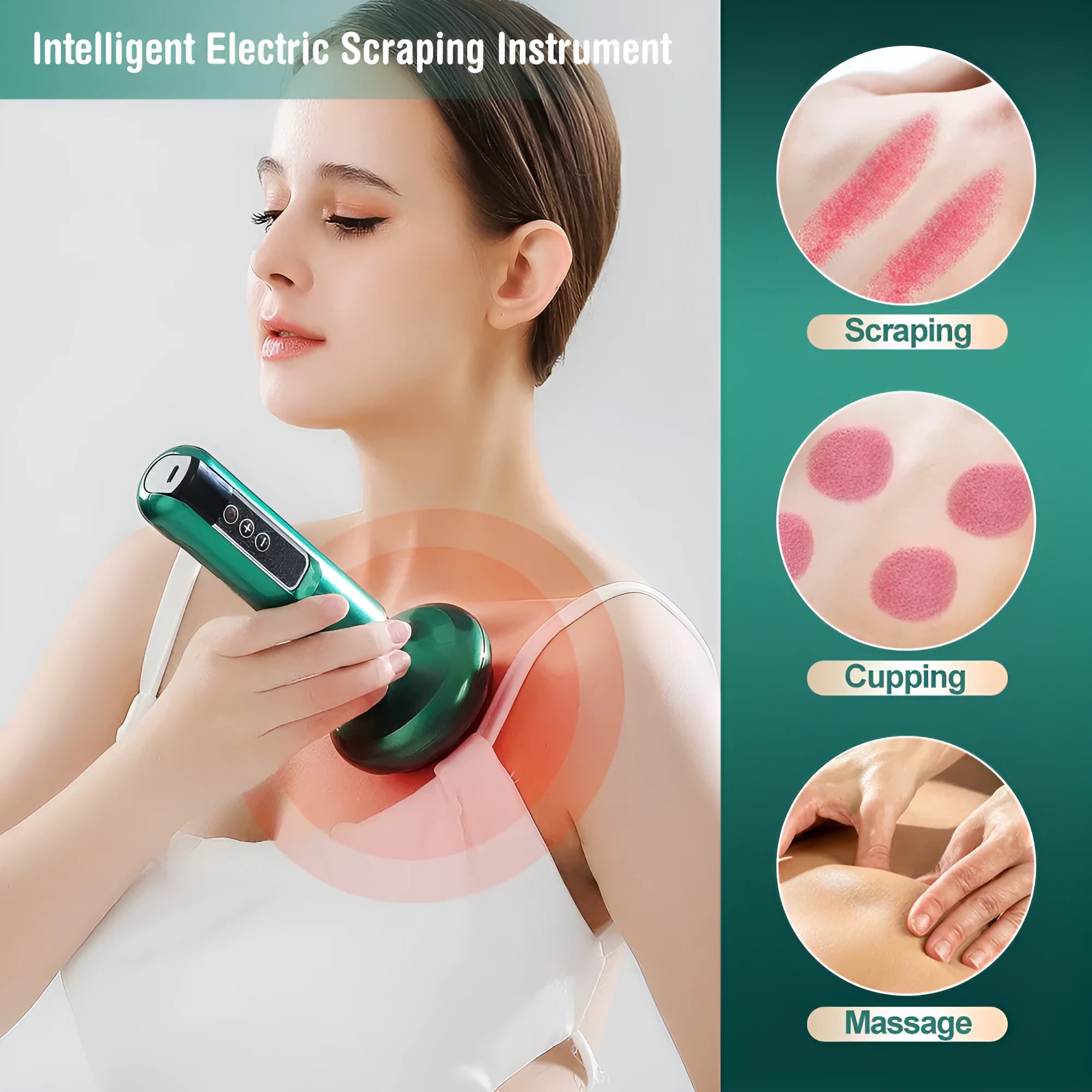 Green electric vacuum cupping massager device with USB cable on a white background