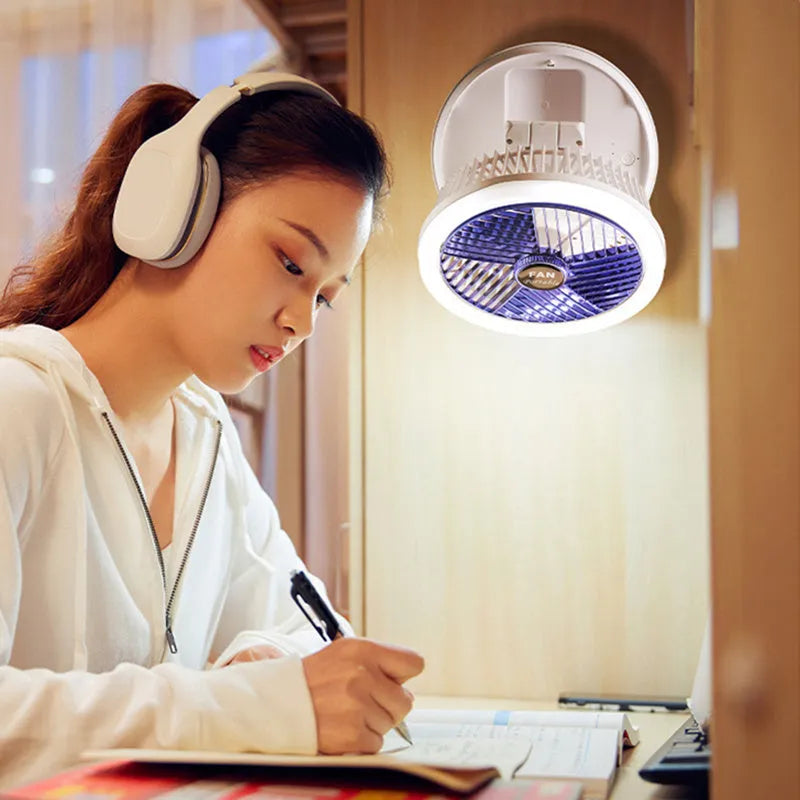 Blue foldable USB table fan with LED light showing wall mounting and desk placement options