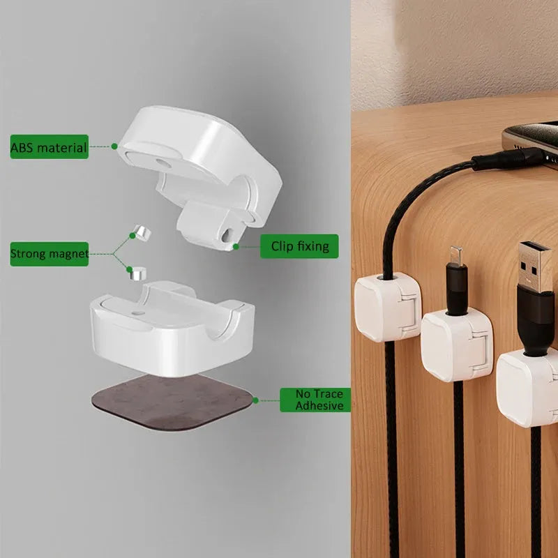 Magnetic cable clip under desk cable management holder in ABS with adhesive fixing, holding charging USB or HDMI cords