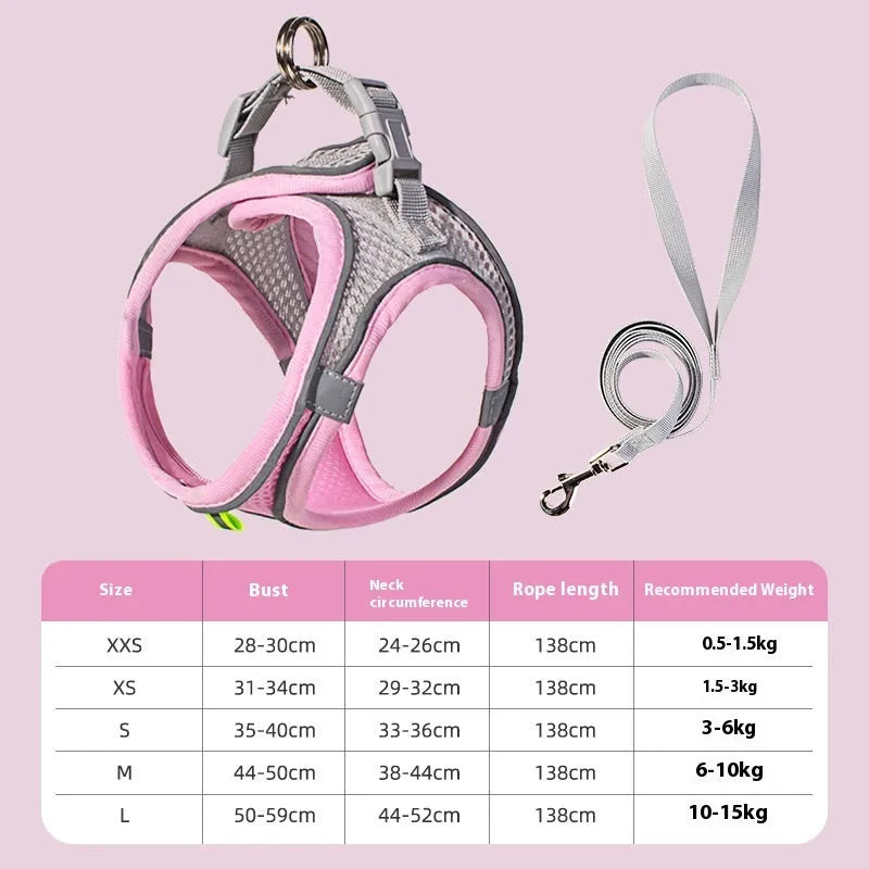 Reflective vest-style dog harness in breathable polyester with adjustable straps and rope leash