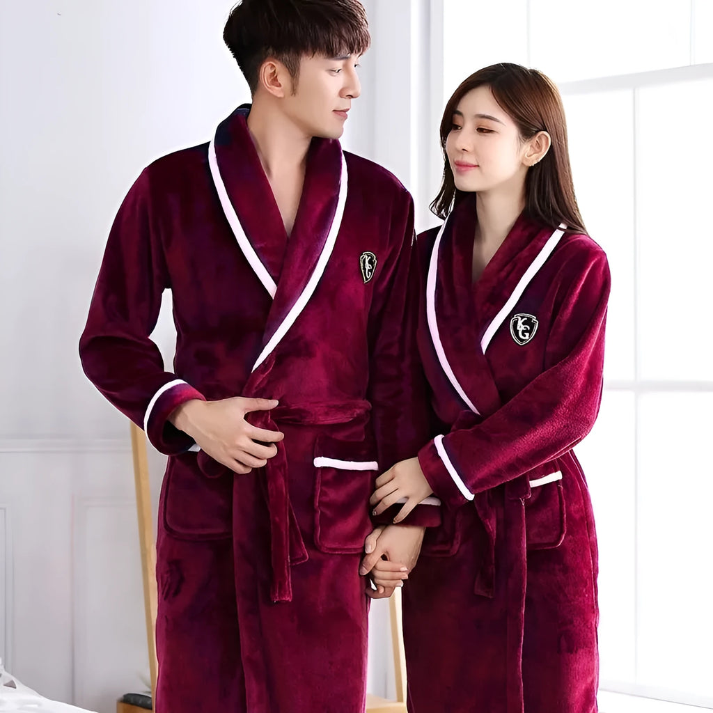 Flannel thickened long section bathrobe for men and women with wine red and white stripes, pastoral style, size options M to 3XL