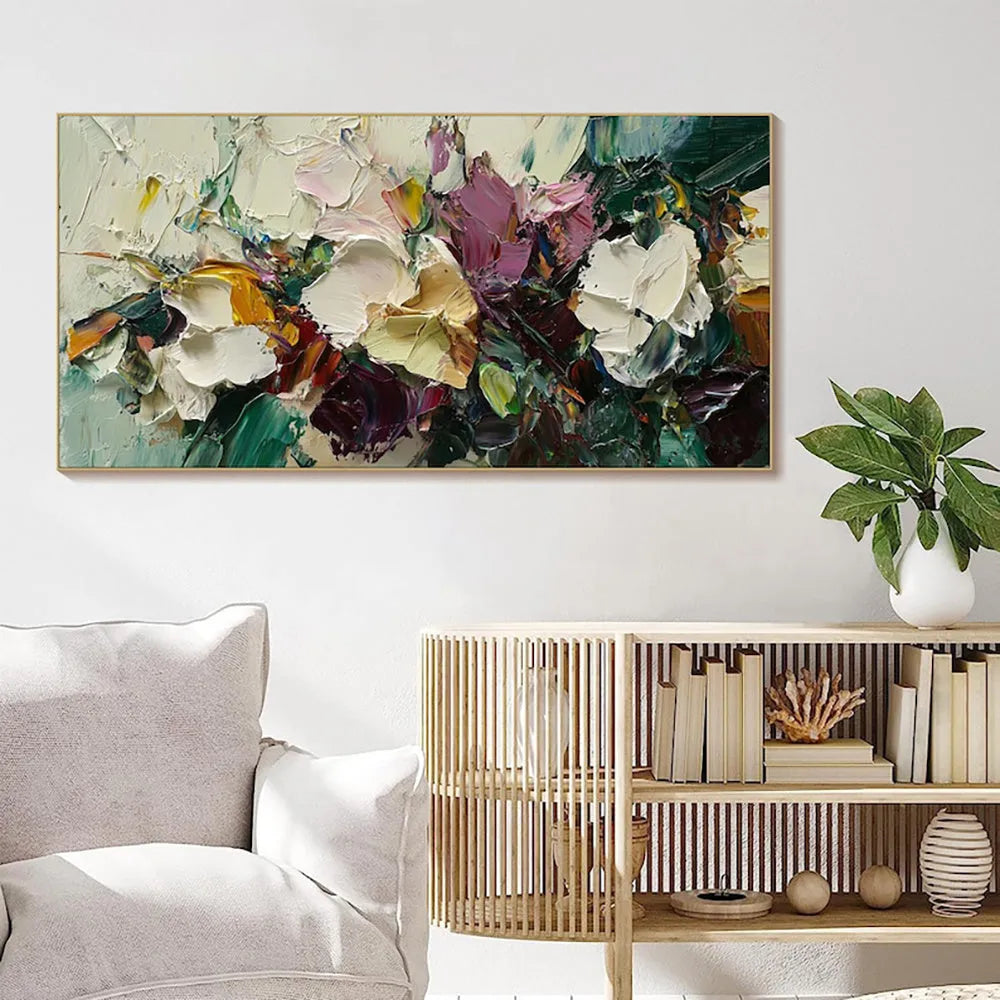 Hand-painted flowers oil painting on canvas, unframed horizontal wall art for home decor