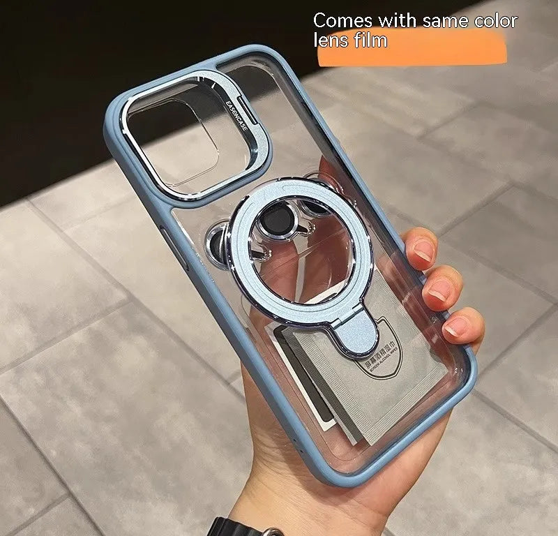 Magnetic silicone iPhone case with invisible bracket and lens cover in black, dark night purple, orange, or titanium grey.