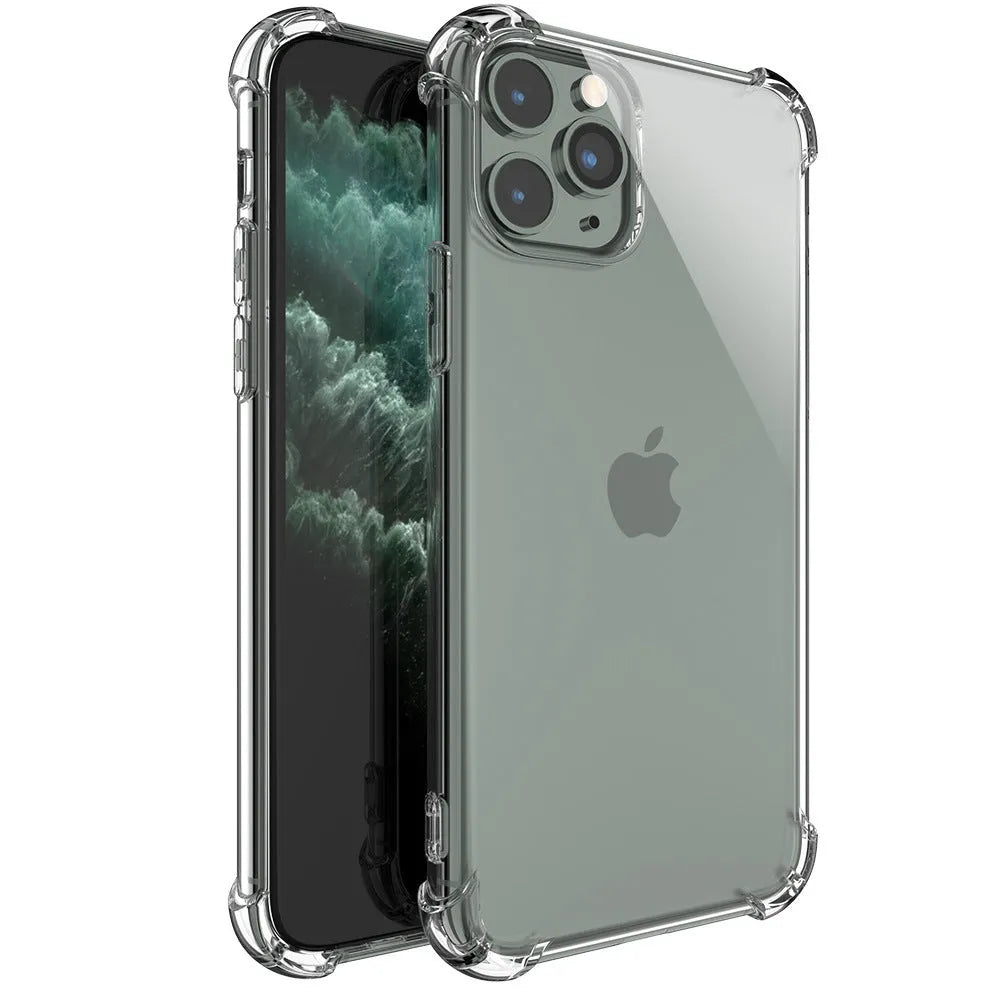 Transparent shockproof TPU phone case for Apple iPhone models on a white background.