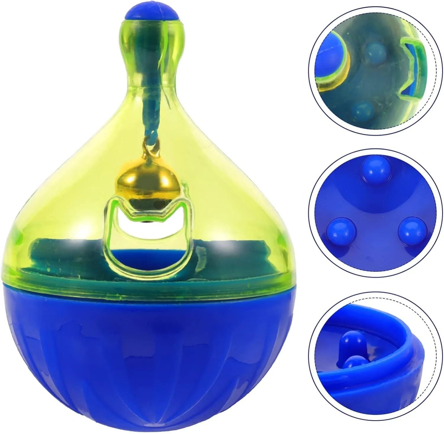 Blue plastic tumbler-shaped pet treat dispenser ball for dogs and cats.