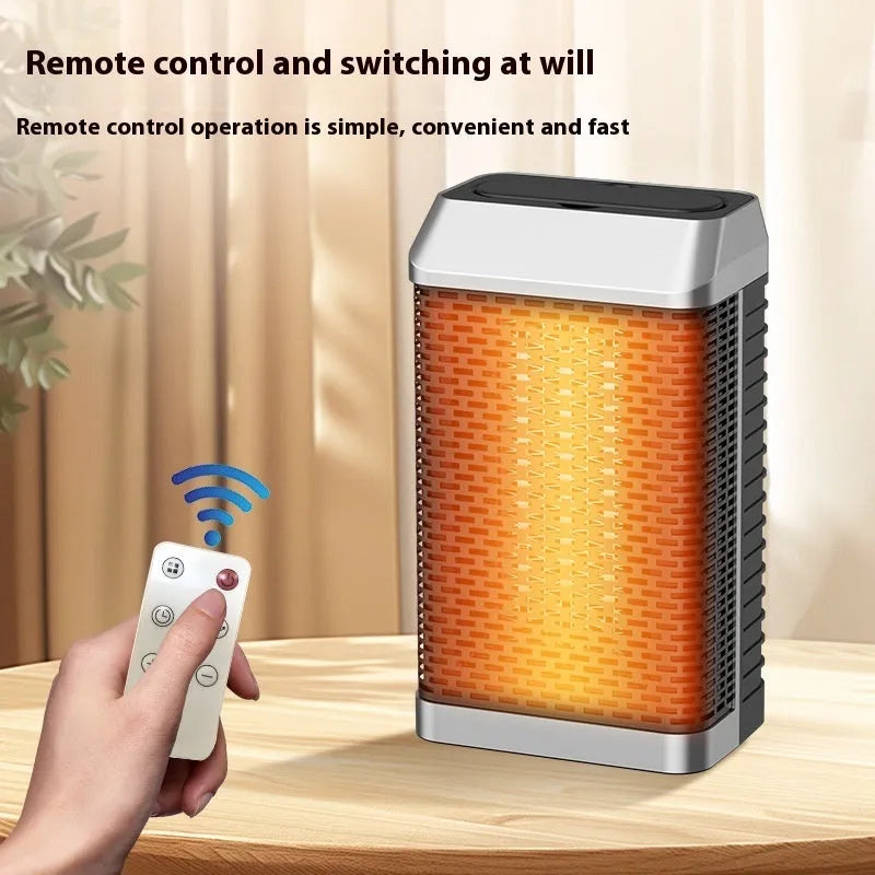 Black remote-controlled desktop heater with compact design and oscillating air vent