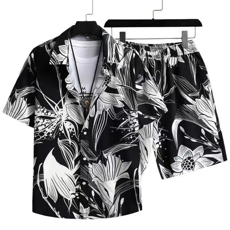 Man wearing a matching short sleeve cardigan and shorts set in a digital print pattern.