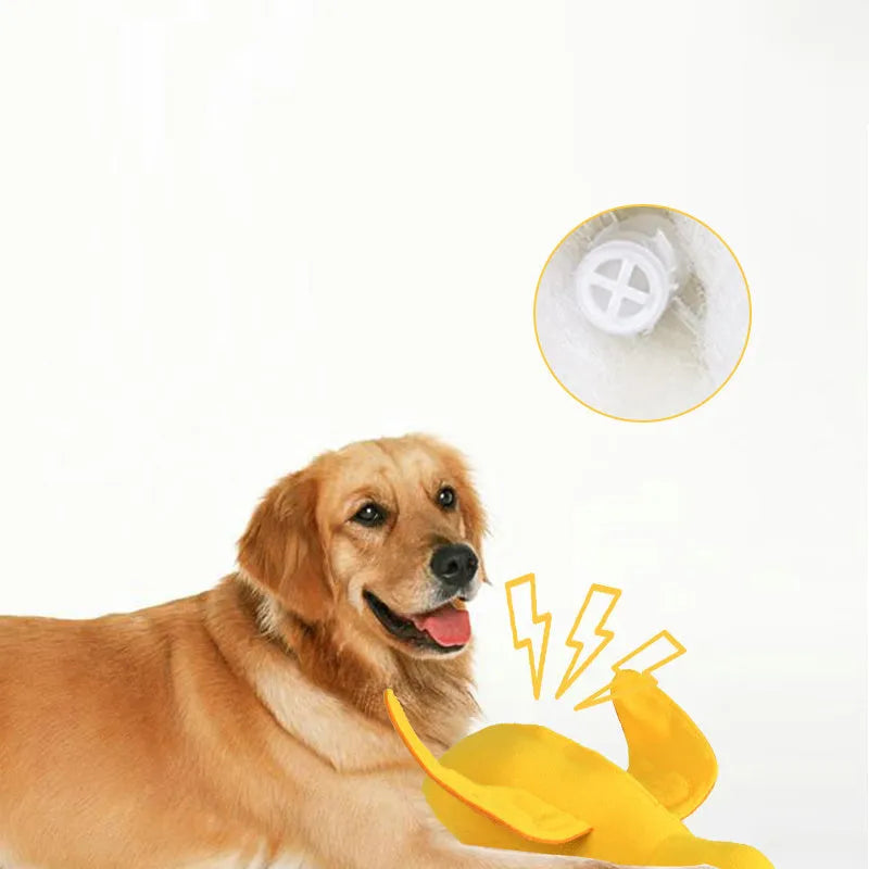 Yellow plush duck dog training toy with a squeaker and treat compartments on a white background.