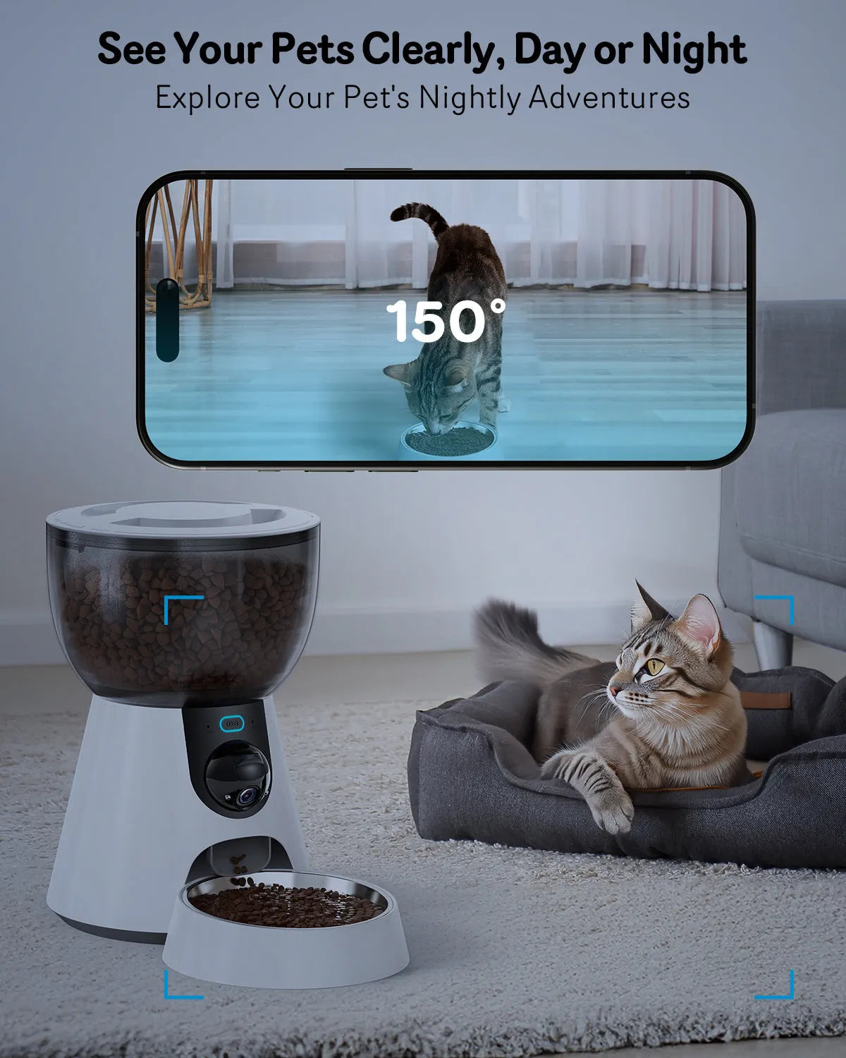 Automatic cat feeder with camera, 4L capacity, 1080P HD video and 5G WiFi, stainless steel tray, 216x350x327mm