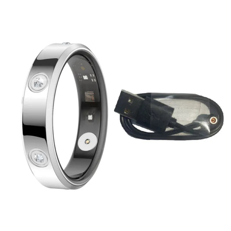 Silver intelligent smart ring with line charger, finger worn for blood oxygen and heart rate exercise monitoring