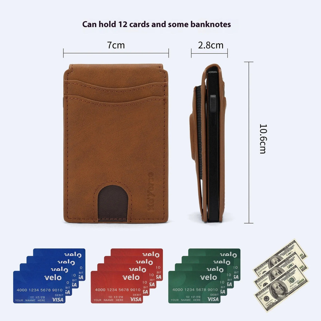 Men's microfiber card holder wallet in black, dark brown, or light brown.