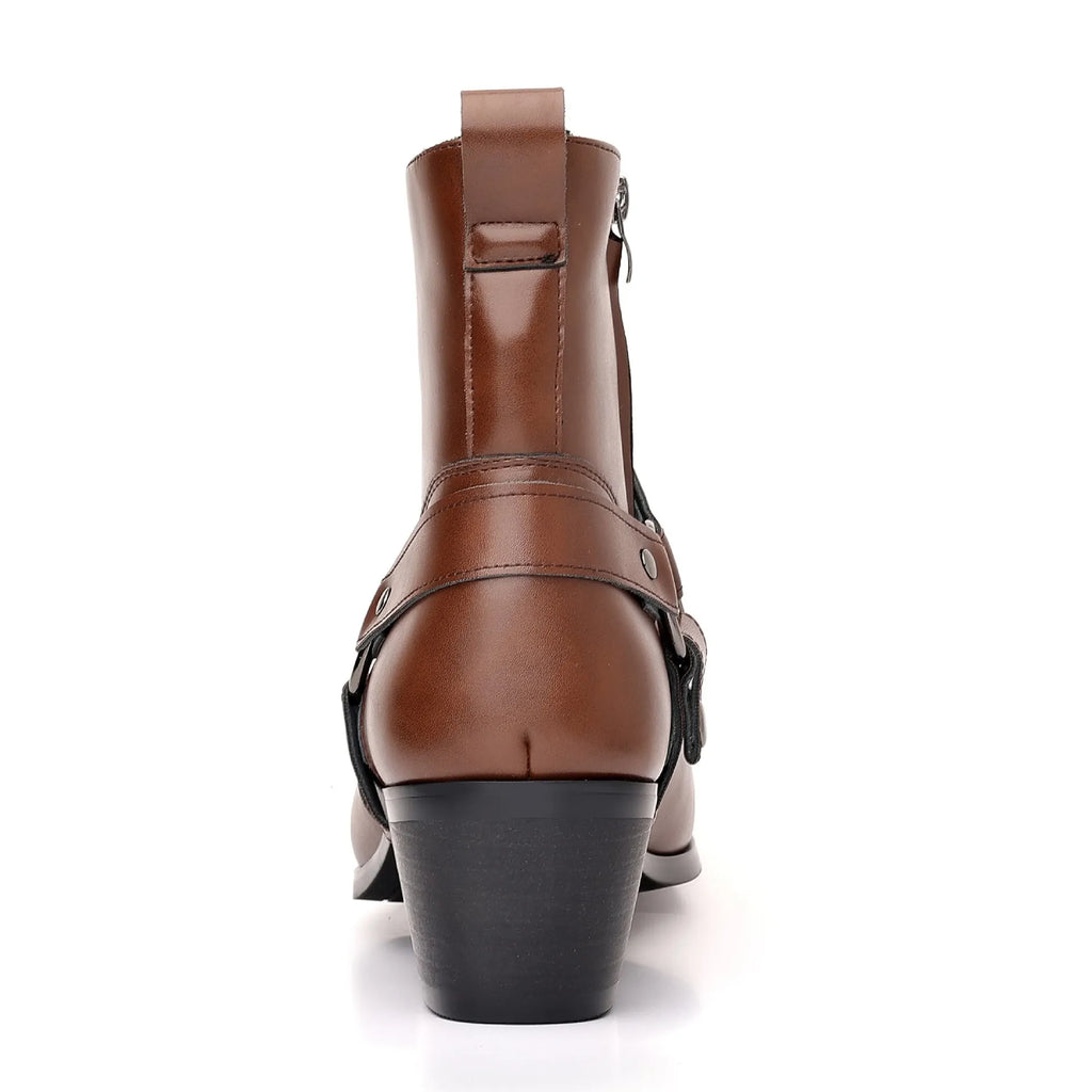 Black unisex ankle boots with side zipper, rivet details, and a high horseshoe heel on a grey background.