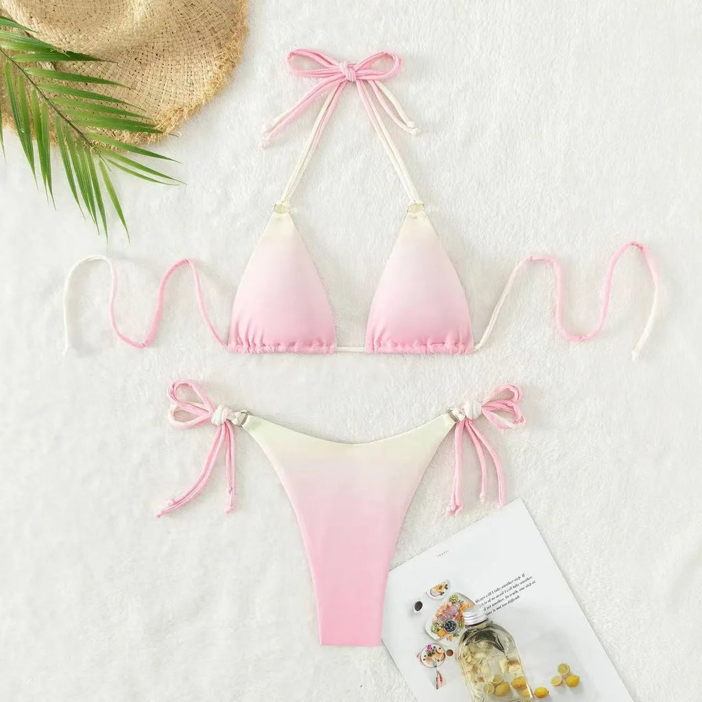 Women's separated two-piece gradient colour bikini swimwear with elastic polyester lining