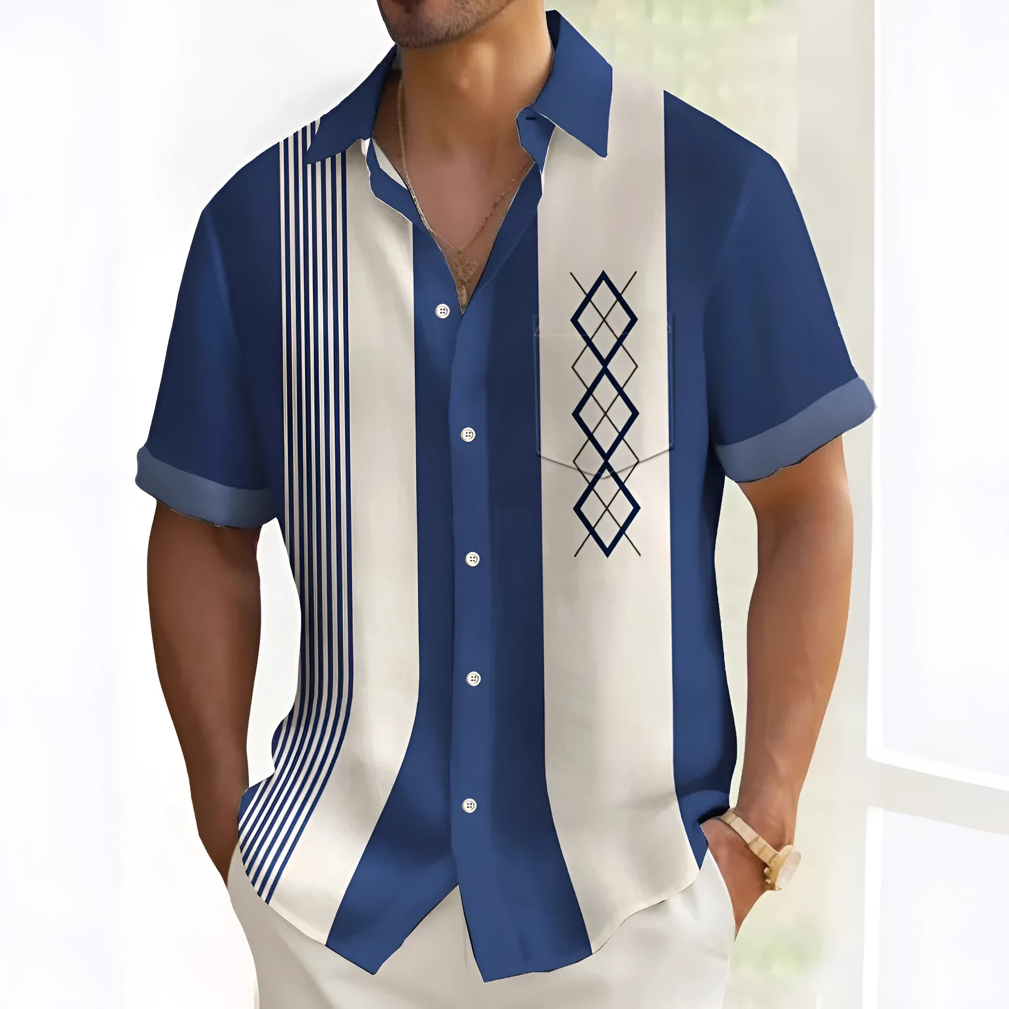 Multicolour printed loose-fit men's leisure shirt on a hanger