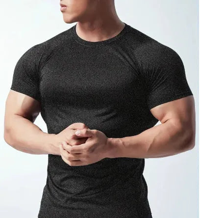 Men's grey quick-dry stretch casual short sleeve t-shirt on a hanger.
