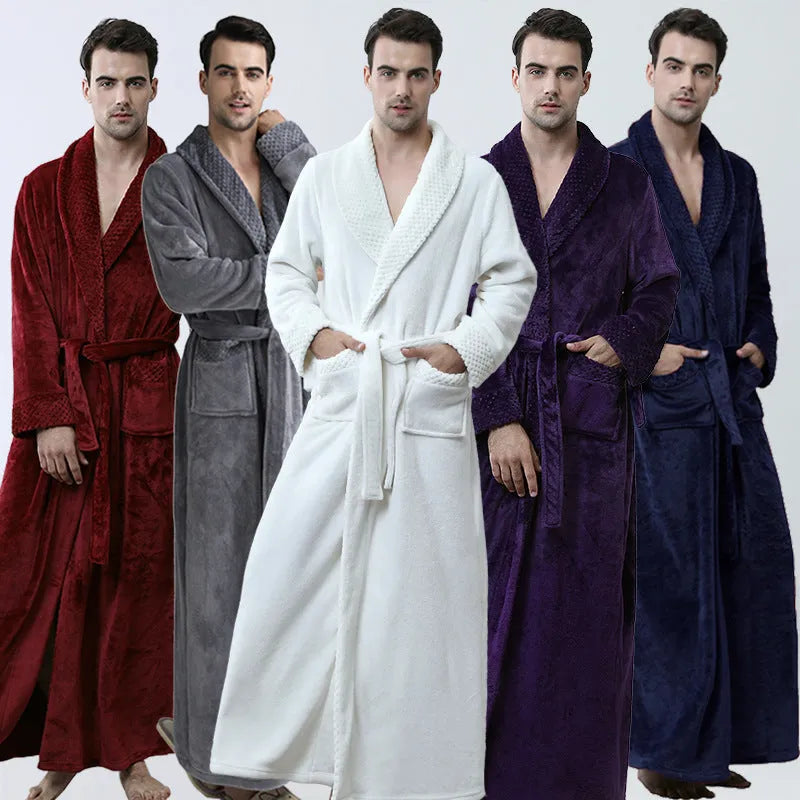 Men's winter coral fleece nightgown in gray, cardigan style with long sleeves, knitted flannel fabric