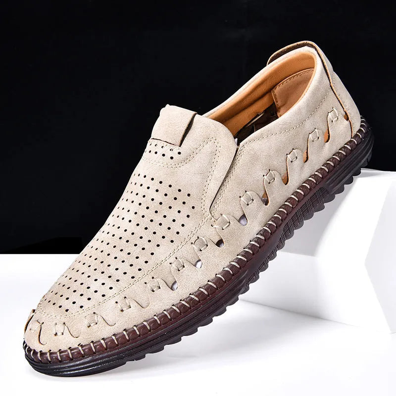 Men's brown slip-on casual shoes with round toe, sewing line detail, and flat PVC sole.
