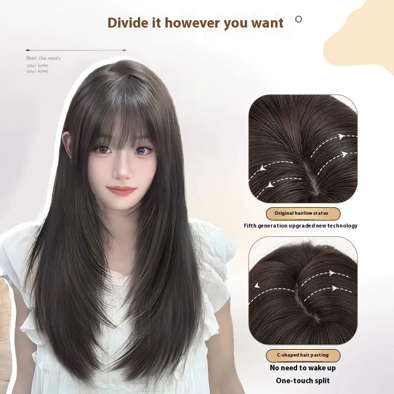 Black long straight high layered human hair wig for women with full-head coverage