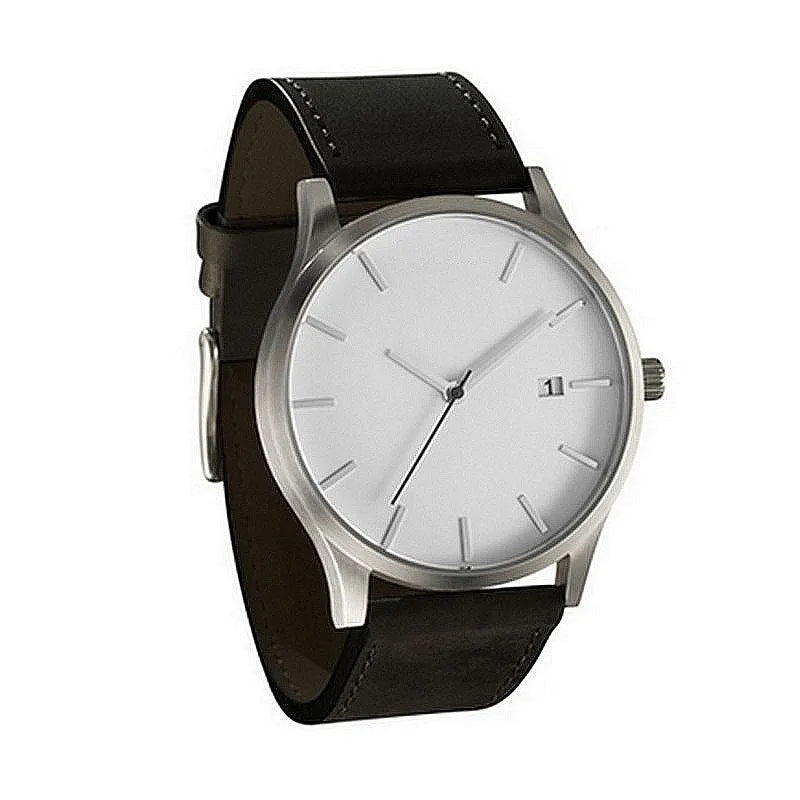 Casual quartz watch with 42mm dial, matte leather strap, calendar display, black dial, spiral crown