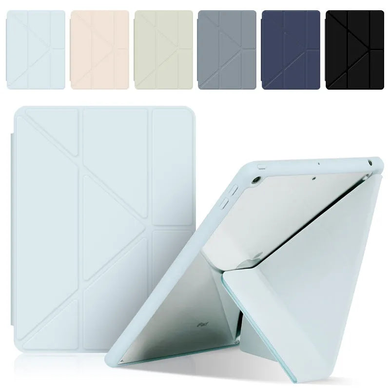 iPad leather case with folding stand open showing Apple Pencil slot and six colour options