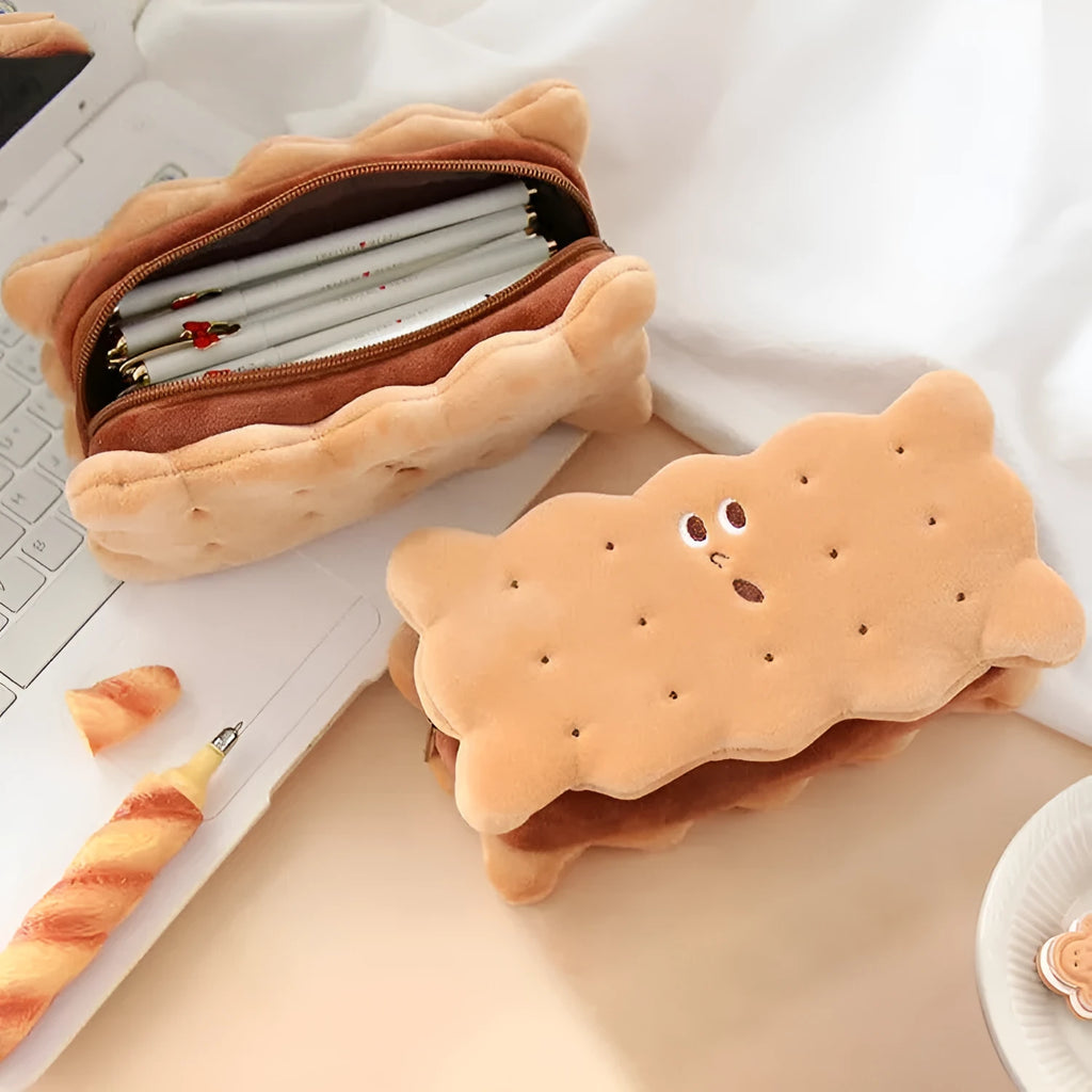 Plush sandwich biscuit pencil bag in cookie design, soft cartoon pencil case for stationery storage