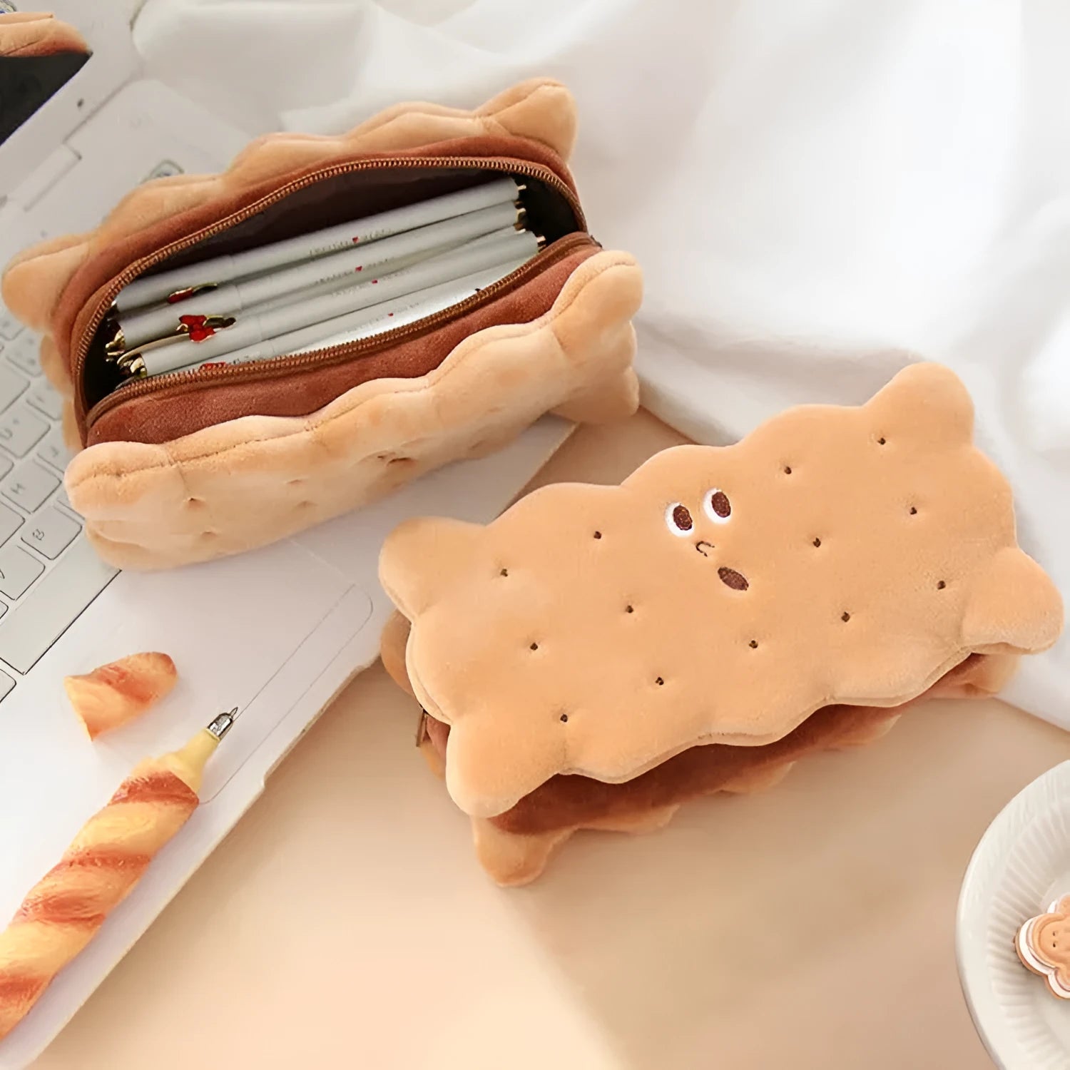 Plush sandwich biscuit pencil bag in cookie design, soft cartoon pencil case for stationery storage