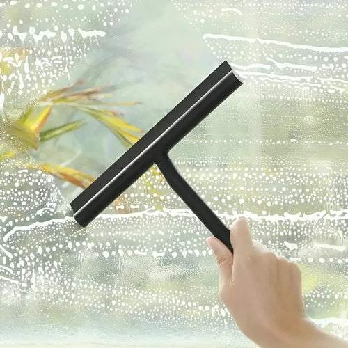 Small silicone water scraper with hook in black for cleaning bathroom tiles and glass