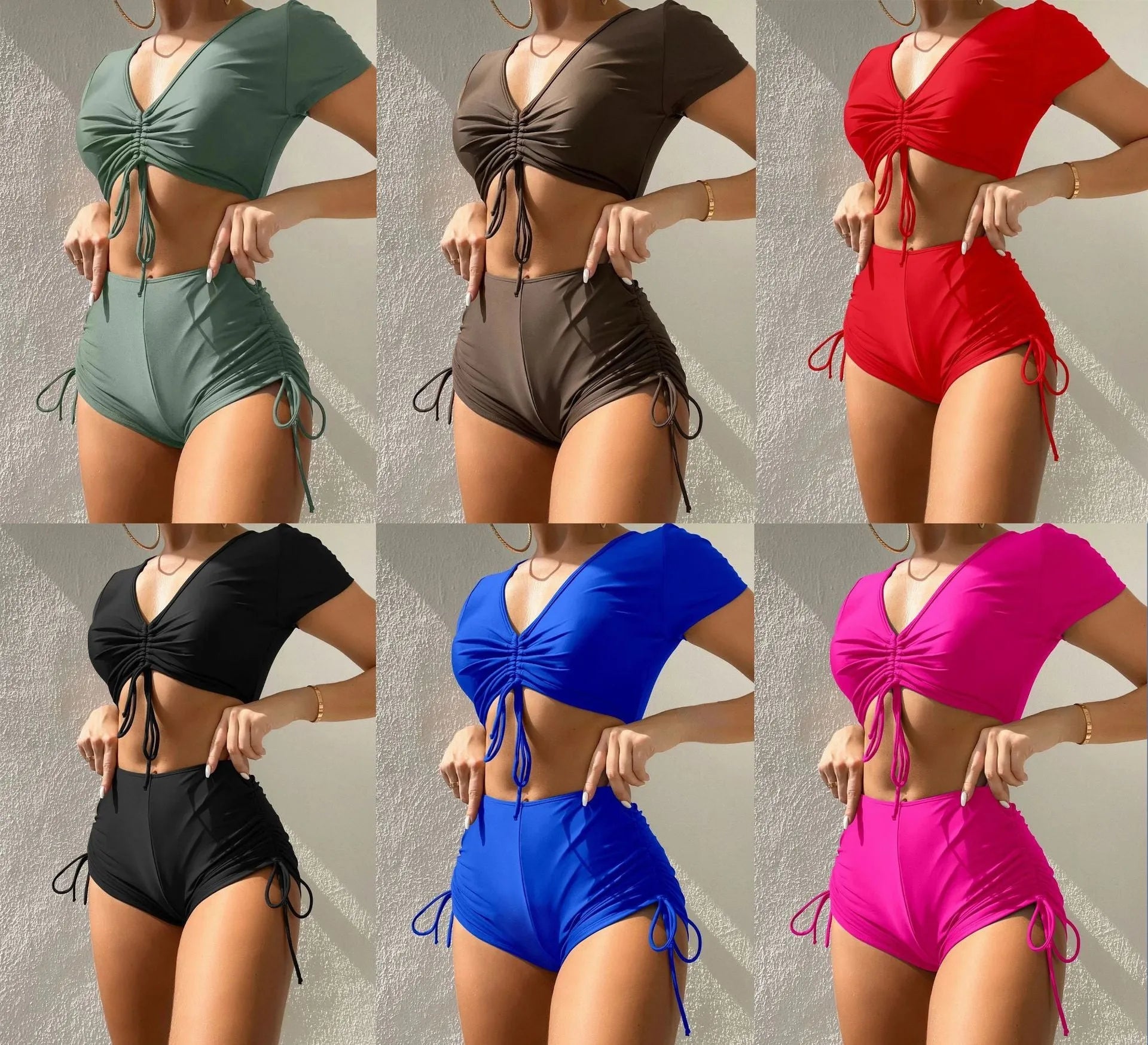 Women's lace-up bow swimsuit in polyester with front adjustable design and decorative bow